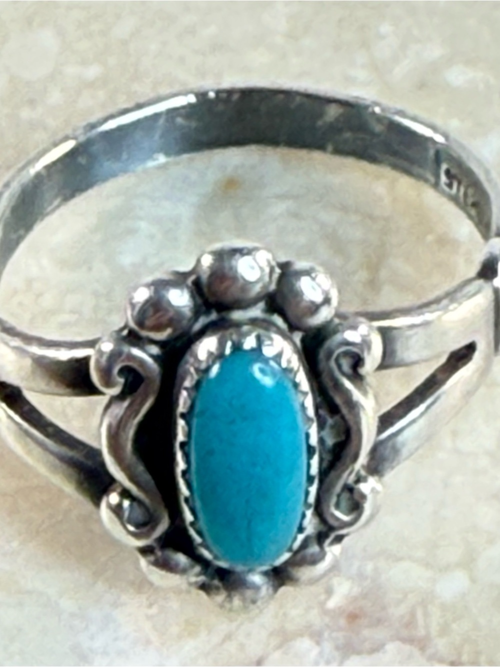 Navajo Indian Sterling Silver Turquoise Oval Ring, Size 6